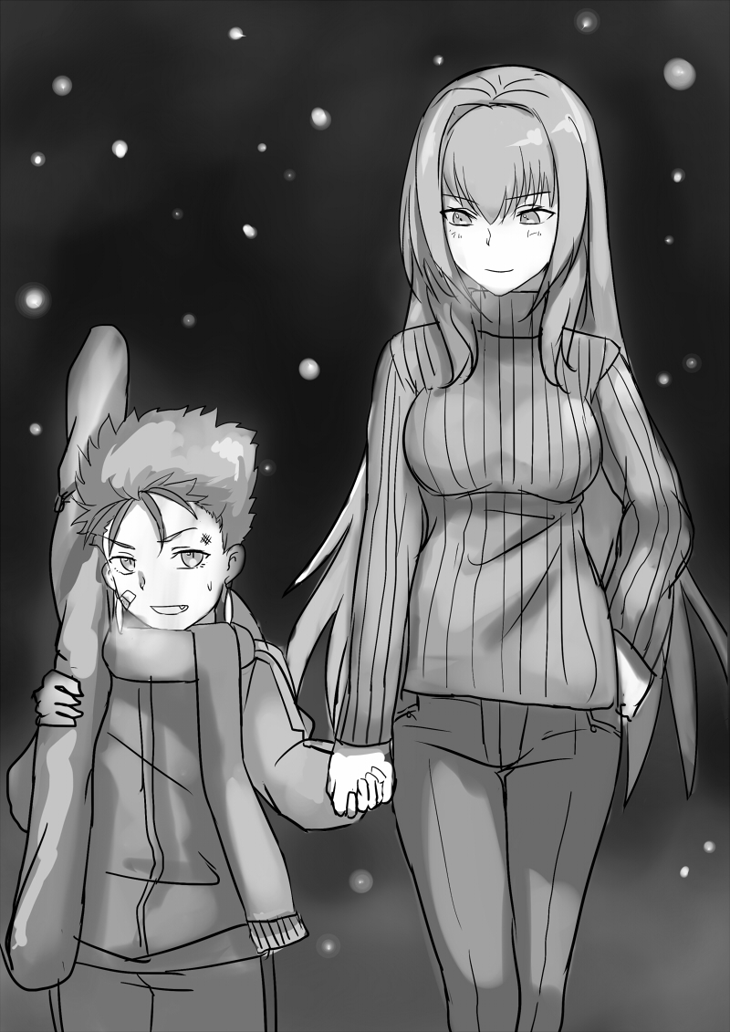 1boy 1girl age_difference alternate_costume bandaid bandaid_on_face blush bruise contemporary fate/grand_order fate_(series) holding_hands injury jilllxlxl lancer looking_down monochrome ribbed_sweater scarf scathach_(fate/grand_order) smile snowing sweater younger