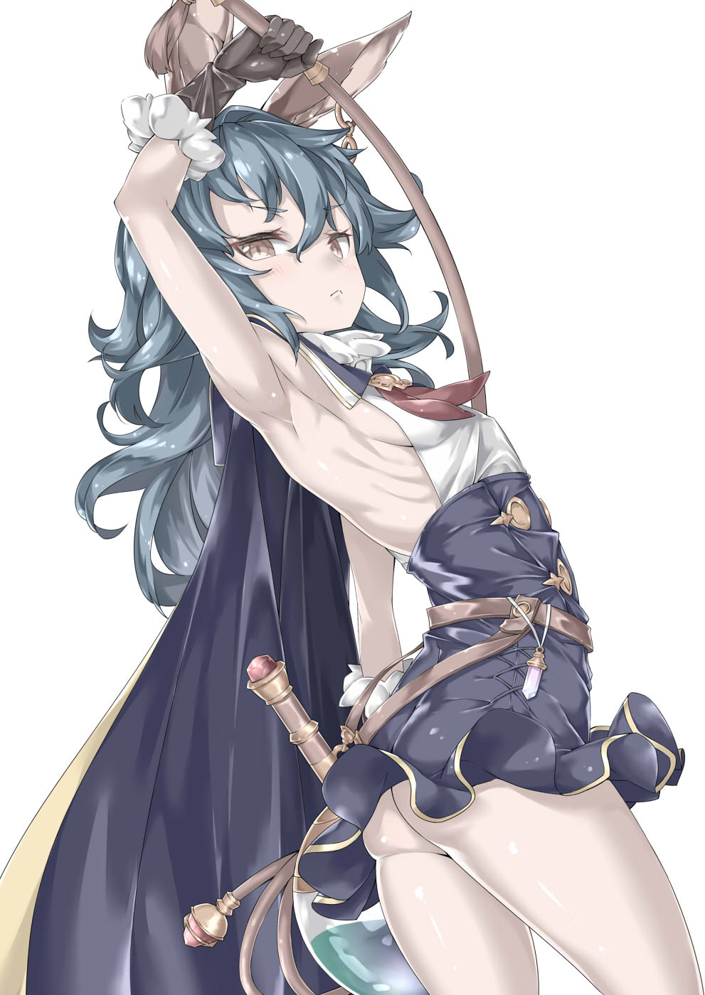 1girl animal_ears arm_up armpits ass bangs black_cape black_gloves blue_hair blush breasts brown_eyes cape closed_mouth cowboy_shot ebifurya eyebrows eyebrows_visible_through_hair ferry_(granblue_fantasy) from_side frown gloves granblue_fantasy hair_between_eyes highres holding holding_whip long_hair looking_at_viewer rabbit_ears ribs simple_background sleeveless small_breasts solo standing thighs wavy_hair whip white_background