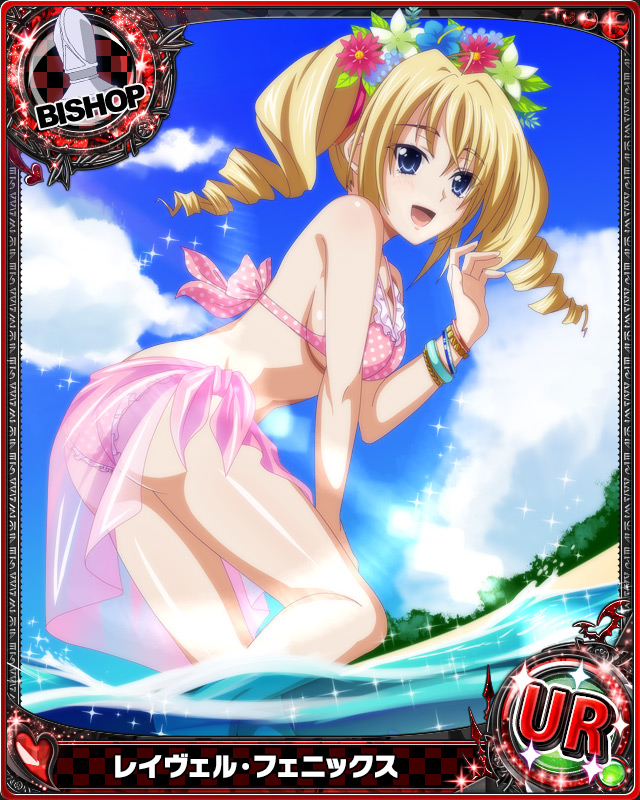 1girl artist_request bishop_(chess) blonde_hair blue_eyes bracelet card_(medium) character_name chess_piece clouds drill_hair flower hair_flower hair_ornament high_school_dxd jewelry long_hair official_art pink_swimsuit ravel_phenex sky smile solo sparkle swimsuit trading_card twin_drills twintails water