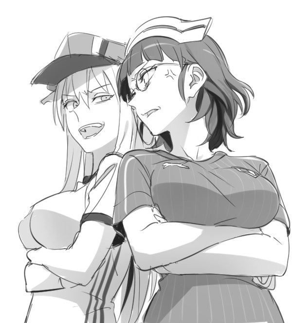 2girls alternate_costume anger_vein bismarck_(kantai_collection) breasts commentary euro_2016 eyebrows eyebrows_visible_through_hair football_uniform germany glasses greyscale hat italy kantai_collection kinosuke_(sositeimanoga) large_breasts long_hair monochrome multiple_girls open_mouth peaked_cap roma_(kantai_collection) short_hair soccer soccer_uniform sportswear