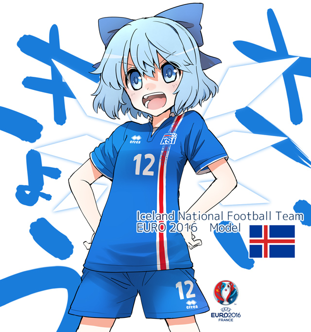 1girl alternate_costume blue_eyes blue_hair bow cirno euro_2016 flag fujii_jun hair_bow hands_on_hips ice ice_wings iceland icelandic_flag open_mouth short_hair short_sleeves shorts soccer soccer_uniform solo sportswear teeth touhou translated white_background wings