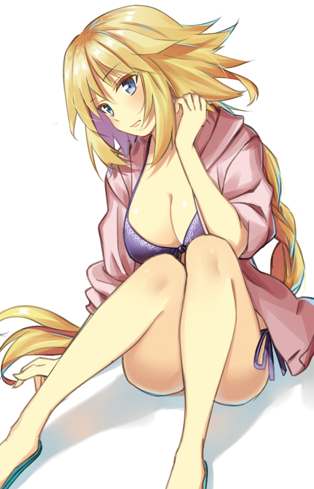1girl bikini blonde_hair blue_eyes blush braid breasts cleavage fate/grand_order fate_(series) female large_breasts long_hair open_clothes open_shirt rain_(nadroj31) ruler_(fate/apocrypha) shirt simple_background single_braid solo swimsuit white_background