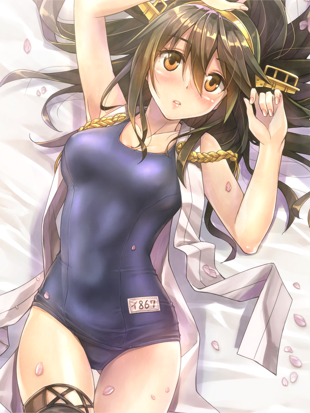 1girl :o aiguillette arms_up bare_arms bare_shoulders bed_sheet black_legwear blue_swimsuit blush breasts brown_hair collarbone fingernails haruna_(kantai_collection) headgear highres kantai_collection kotatsu_(kotatsu358) long_hair looking_at_viewer medium_breasts name_tag number old_school_swimsuit open_clothes open_shirt orange_eyes parted_lips petals pink_lips school_swimsuit shirt sleeveless sleeveless_shirt solo swimsuit thigh-highs thigh_gap thighs very_long_hair white_shirt