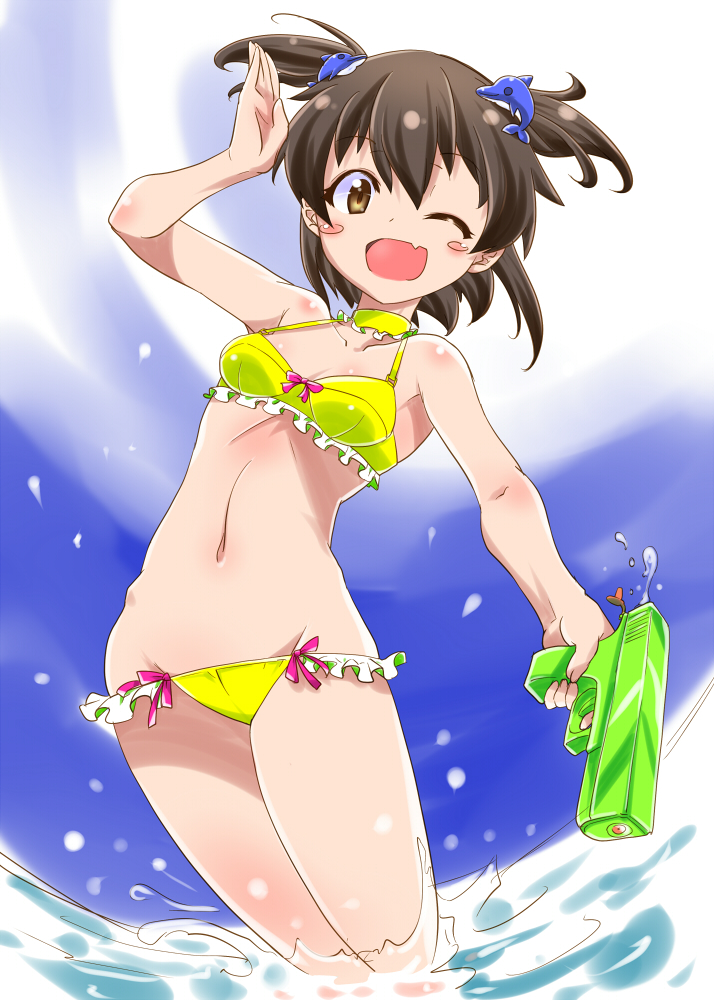 1girl ;d battle_girl_high_school bikini blush_stickers breasts brown_eyes brown_hair dolphin_hair_ornament fang kanoe looking_at_viewer minami_hinata one_eye_closed open_mouth partially_submerged short_hair short_twintails smile solo swimsuit twintails water water_gun yellow_bikini