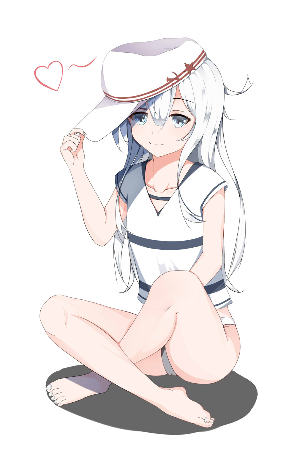 1girl alternate_costume bare_arms bare_legs barefoot blue_eyes collarbone commentary_request eyebrows eyebrows_visible_through_hair flat_cap hair_between_eyes hammer_and_sickle hat hibiki_(kantai_collection) highres kantai_collection l_(twintilde) long_hair silver_hair simple_background sitting solo star verniy_(kantai_collection) white_background