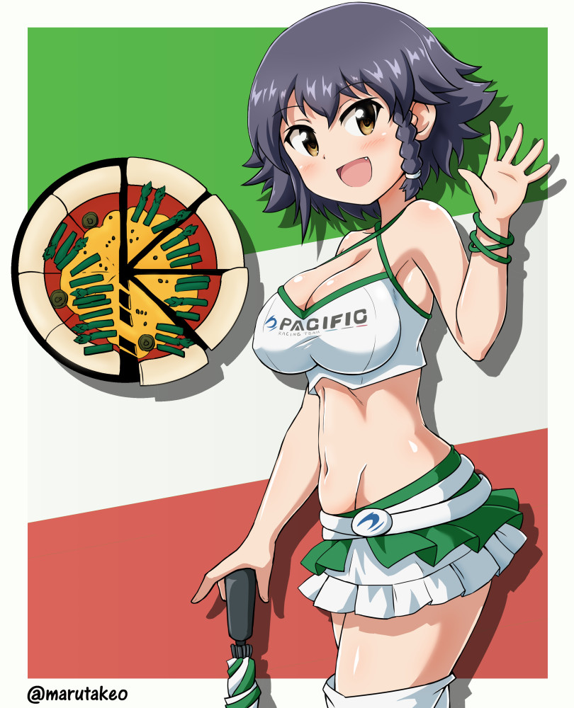 1girl bangs black_hair boots bracelet braid breasts brown_eyes cleavage cowboy_shot crop_top emblem fang flag_background food girls_und_panzer hair_tie holding italian_flag jewelry large_breasts looking_at_viewer microskirt midriff navel open_mouth pepperoni_(girls_und_panzer) pizza pleated_skirt racequeen sanaemaru short_hair side_braid skirt smile solo standing thigh-highs thigh_boots twitter_username umbrella waving white_boots