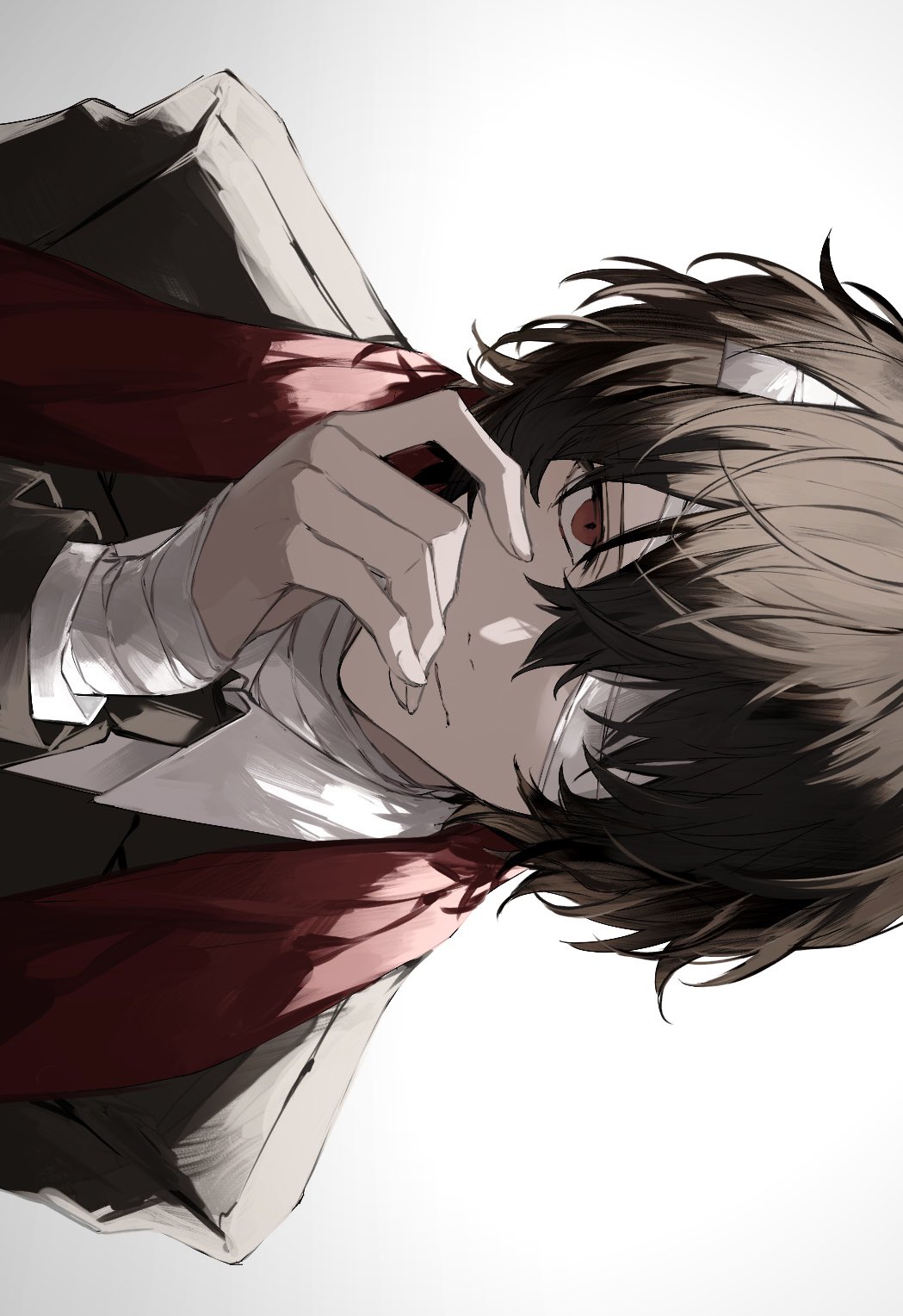 1boy bandages bangs black_necktie brown_hair bungou_stray_dogs dazai_osamu_(bungou_stray_dogs) formal hair_between_eyes hand_on_own_face highres male_focus necktie nozz177 red_eyes red_scarf scarf shirt short_hair solo suit white_background white_shirt