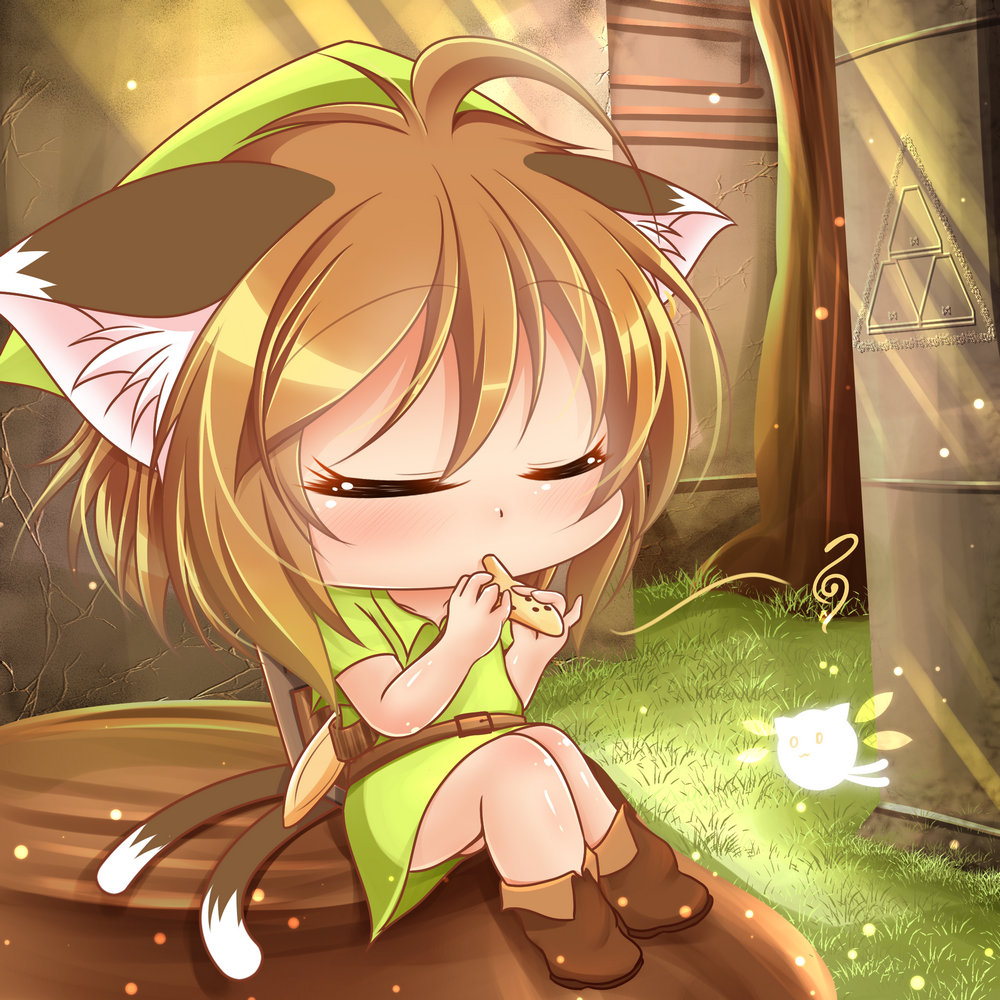 1girl ahoge animal_ears bangs belt blush boots brown_boots brown_hair cat_ears cat_tail chen chibi closed_eyes cracked_wall day fairy grass green_hat hat instrument kurumai light_particles light_rays musical_note ocarina outdoors playing_instrument sheath sheathed shield shiny shiny_hair shiny_skin short_hair sitting solo sunlight tail temple the_legend_of_zelda the_legend_of_zelda:_ocarina_of_time touhou tree tree_stump triforce tunic