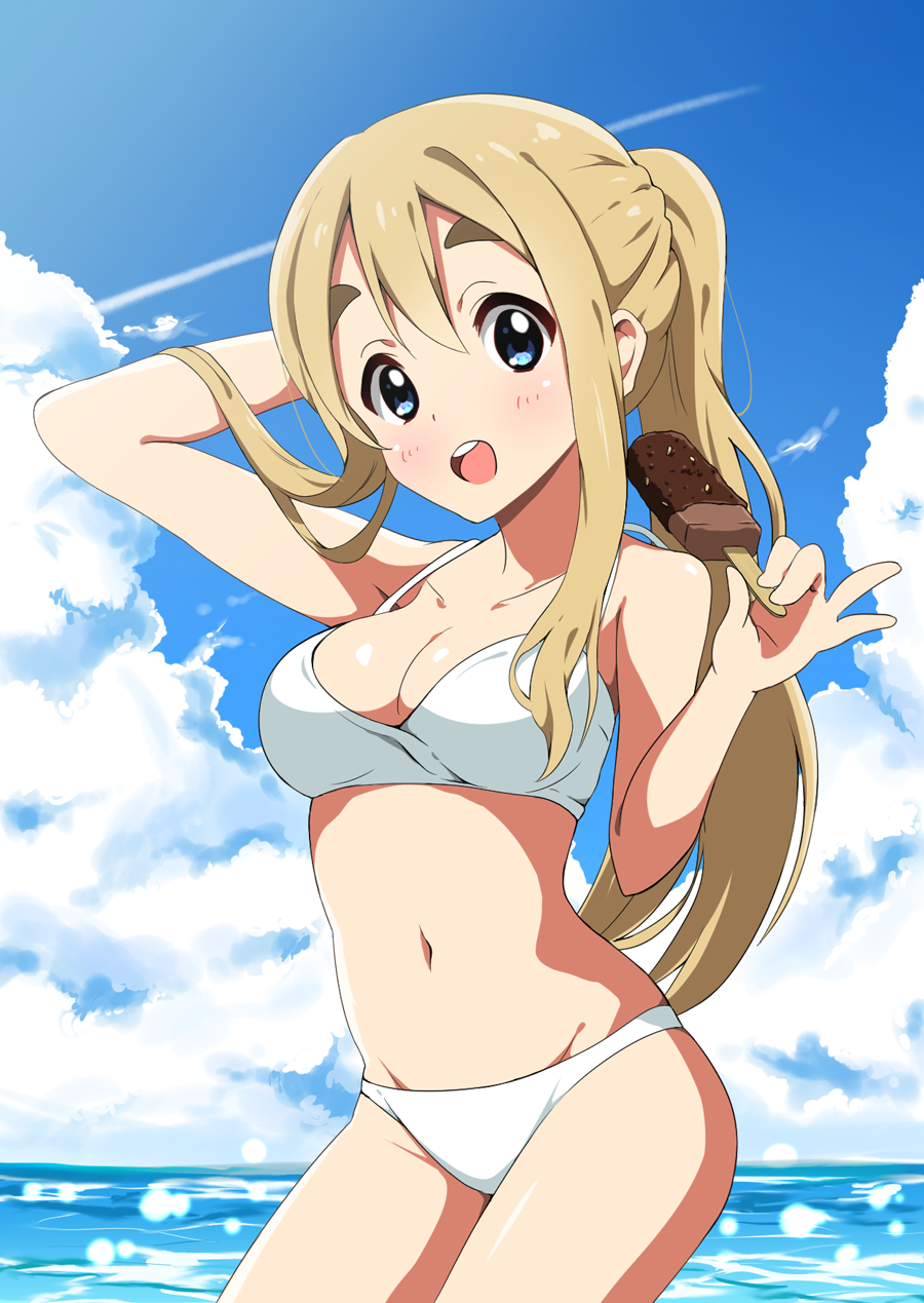 1girl :o air_0497 arm_up bangs bare_arms bikini blonde_hair blue_eyes blue_sky blush breasts chocolate chocolate_ice_cream clouds collarbone condensation_trail cowboy_shot eyebrows food hand_behind_head head_tilt highres holding ice_cream k-on! kotobuki_tsumugi long_hair looking_at_viewer medium_breasts navel ocean one_side_up open_mouth ponytail popsicle round_teeth side_ponytail sidelocks sky smile solo standing swimsuit teeth thick_eyebrows water white_bikini