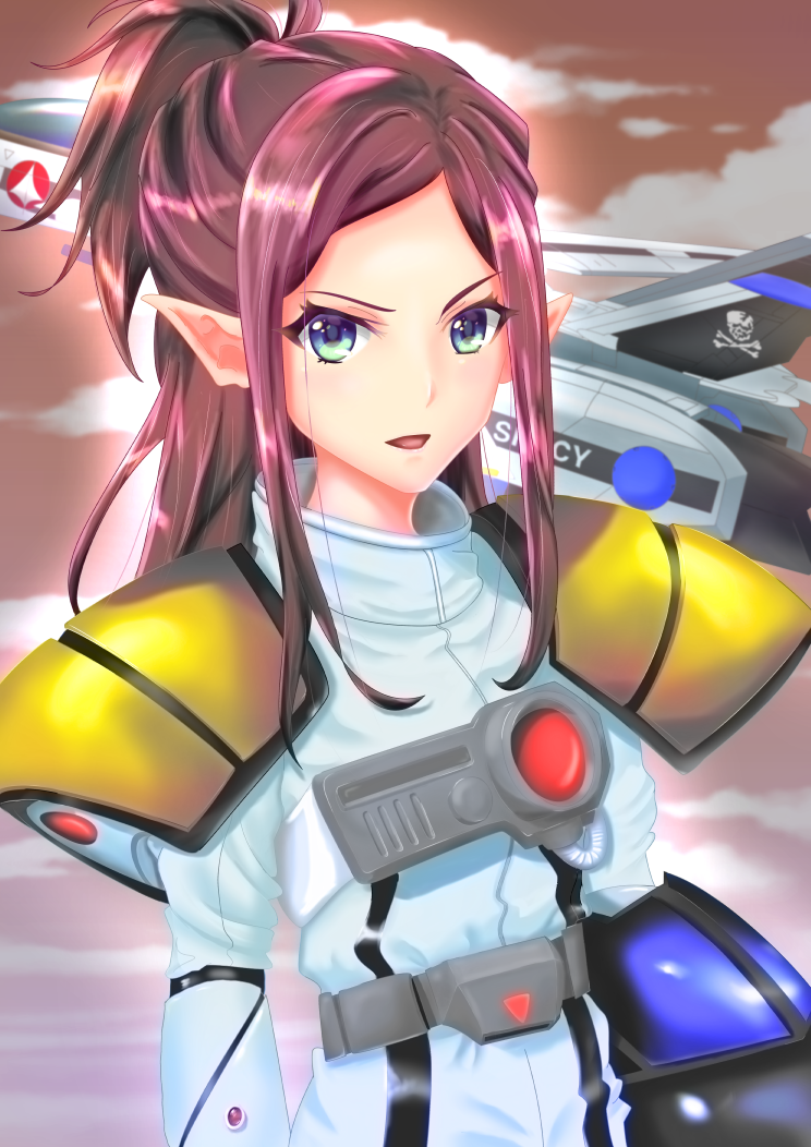 1girl armor artist_request blue_eyes clouds helmet insignia jolly_roger looking_at_viewer macross macross:_do_you_remember_love? macross_delta mecha mirage_farina_jenius open_mouth pilot pilot_suit ponytail purple_hair science_fiction serious spacesuit u.n._spacy variable_fighter vf-1