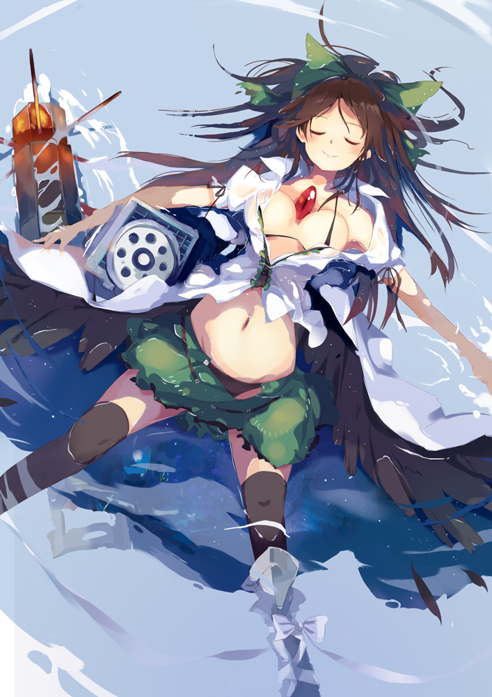 1girl afloat arm_cannon bad_id bird_wings black_hair black_wings bow breasts closed_eyes hair_bow long_hair miniskirt reiuji_utsuho skirt smile solo tetsurou_(fe+) third_eye torn_clothes touhou water weapon wings
