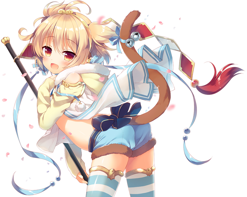 1girl :d anchira_(granblue_fantasy) bangs beads bell bent_over blonde_hair blue_bow blue_ribbon blue_shorts blush bow cowboy_shot detached_sleeves diamond_(shape) earrings erun_(granblue_fantasy) eyebrows eyebrows_visible_through_hair fur_trim granblue_fantasy hair_ornament hairband holding holding_staff holding_weapon hood hood_down jewelry jingle_bell long_sleeves looking_at_viewer looking_back monkey_ears monkey_tail open_mouth pom_pom_(clothes) red_eyes ribbon sazaki_ichiri short_hair shorts sleeves_past_wrists smile solo staff striped striped_legwear tail tail_bell tail_ribbon tassel thigh-highs thighlet two_side_up weapon wind