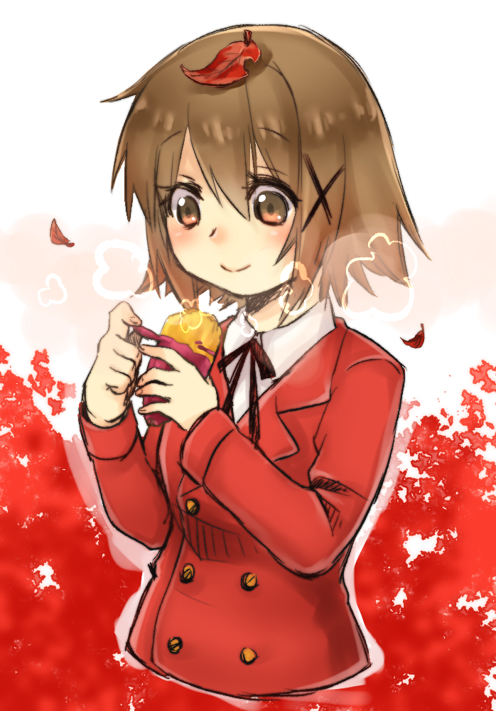 1girl blush brown_eyes brown_hair buttons food hair_ornament hairclip hidamari_sketch leaf leaf_on_head sari_(sat-00) school_uniform short_hair smile solo steam sweet_potato upper_body x_hair_ornament yuno