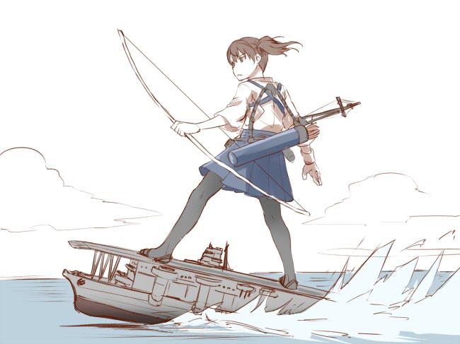 1girl aircraft_carrier bow_(weapon) commentary_request ishii_hisao kaga_(aircraft_carrier) kaga_(kantai_collection) kantai_collection meme military military_vehicle object_namesake quiver ship side_ponytail thigh-highs warship watercraft waterskiing_(meme) weapon