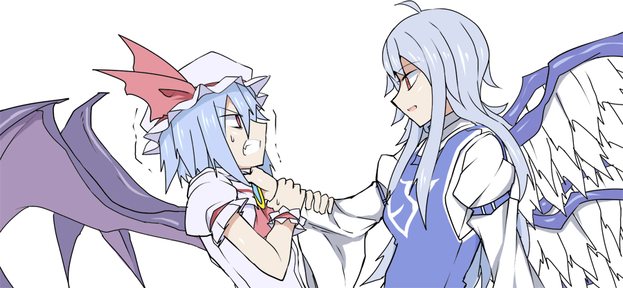 2girls :d alternate_eye_color angel_wings armband ascot asphyxiation bat_wings blue_dress blue_hair brooch choking clenched_teeth dress emblem eye_contact hands_on_another's_wrists hat hat_ribbon jewelry kenuu_(kenny) lavender_hair long_hair long_sleeves looking_at_another mob_cap multicolored_wings multiple_girls multiple_wings open_mouth profile red_eyes remilia_scarlet ribbon sariel shaded_face shirt short_hair short_sleeves sidelocks silver_hair simple_background smile teeth touhou touhou_(pc-98) trembling turtleneck upper_body white_background white_dress white_shirt wings