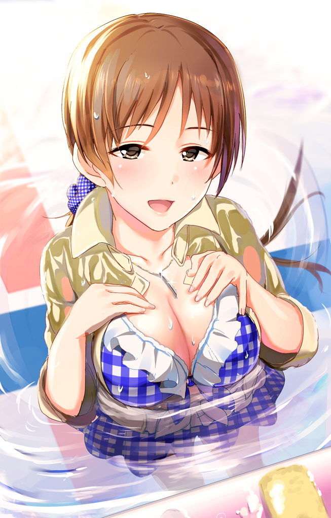 1girl :d bangs bikini bikini_skirt bikini_under_clothes blue_bikini breasts brown_eyes brown_hair cleavage eyebrows eyebrows_visible_through_hair from_above front-tie_bikini front-tie_top glint idolmaster idolmaster_cinderella_girls jacket jacket_over_swimsuit jewelry long_hair looking_at_viewer low_ponytail natsuya necklace nitta_minami open_mouth partially_submerged plaid plaid_bikini ripples see-through smile solo sponge swimsuit swimsuit_under_clothes tile_floor tiles water wet wet_clothes wet_hair
