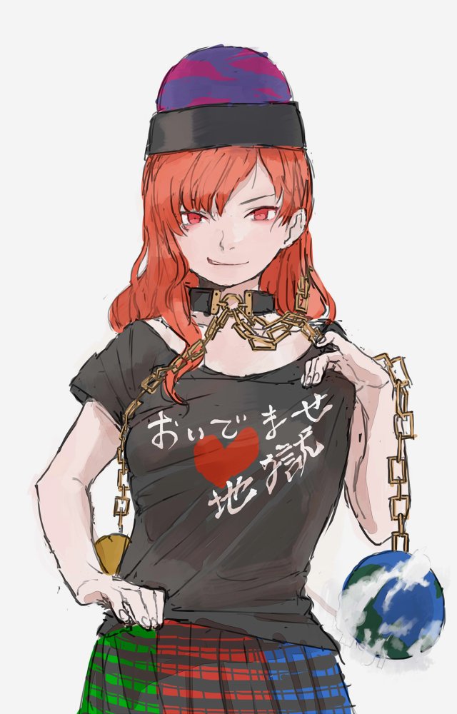 1girl bangs chain clothes_writing collar contrapposto earth hat hecatia_lapislazuli long_hair looking_at_viewer motsuni_(artist) multicolored_skirt parted_bangs plaid plaid_skirt polos_crown red_eyes redhead shirt short_sleeves skirt smirk t-shirt touhou translated