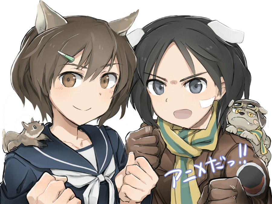 2girls 502nd_joint_fighter_wing animal animal_ears animal_on_shoulder announcement_celebration bandaid bandaid_on_face black_hair blush brave_witches brown_eyes commentary_request goggles grey_eyes hair_ornament hairclip hat jacket kanno_naoe karibuchi_hikari military military_jacket military_uniform multiple_girls open_mouth sailor scarf school_uniform shiraba_(sonomama_futene) short_hair smile strike_witches uniform