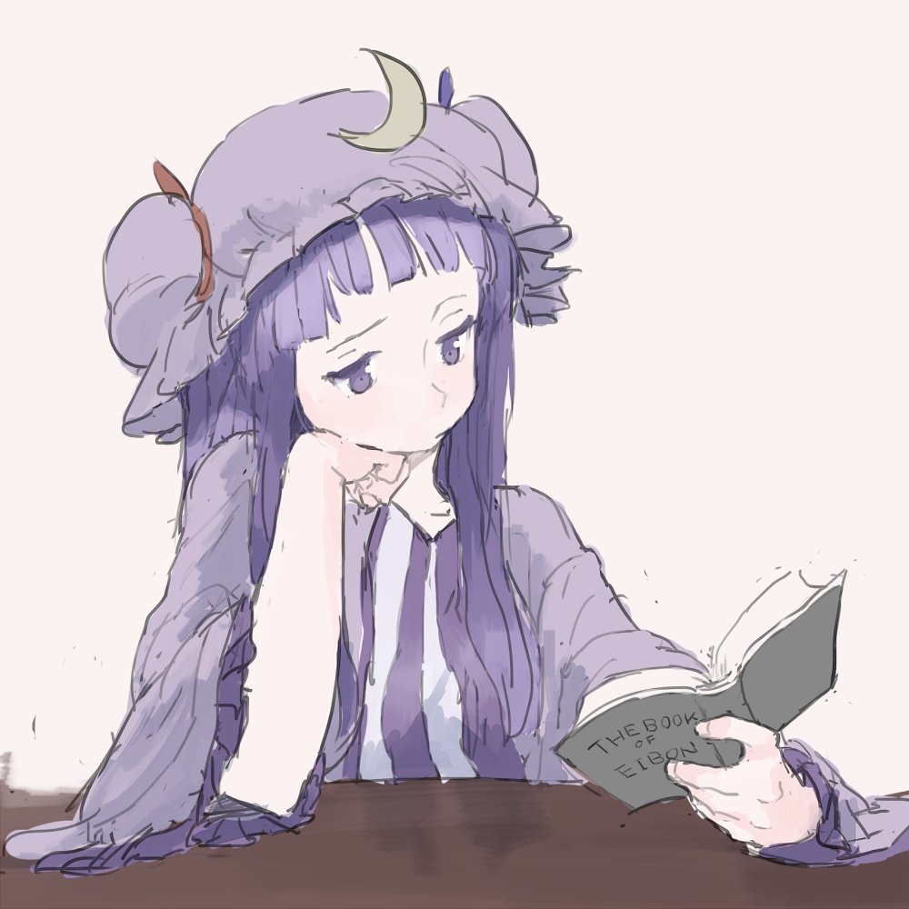 1girl bangs blunt_bangs book chin_rest colored_eyelashes crescent english hat holding holding_book long_hair mob_cap motsuni_(artist) open_book patchouli_knowledge purple purple_hair purple_hat reading solo striped touhou vertical_stripes violet_eyes wide_sleeves