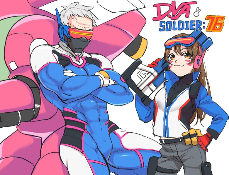1boy 1girl :3 anger_vein brown_hair contrapposto cosplay costume_switch crossed_arms d.va_(overwatch) face_mask gdgd gloves gun hand_on_hip headphones jacket leaning_on_object long_hair mask meka_(overwatch) over_shoulder overwatch parody short_hair soldier:_76_(overwatch) visor weapon weapon_over_shoulder whisker_markings white_hair