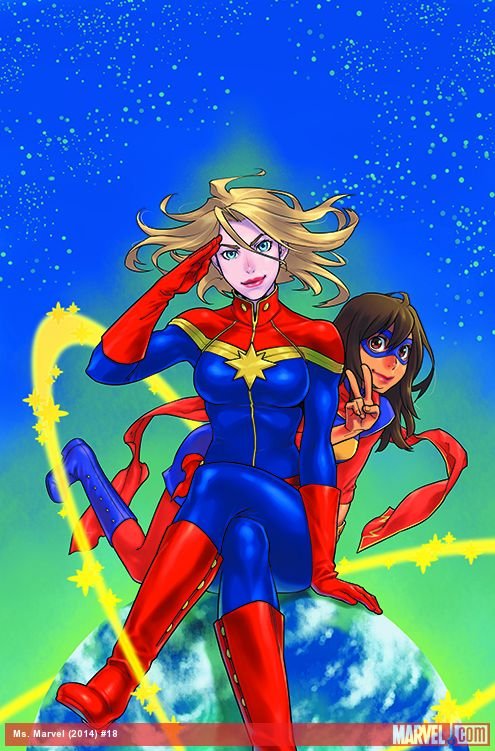 2014 2girls blonde_hair bodysuit boots breasts brown_eyes brown_hair carol_danvers cover cover_page crossed_legs dark_skin domino_mask earth giantess gloves green_eyes kamala_khan knee_boots lips long_hair marvel mask medium_breasts ms._marvel ms._marvel_(series) multiple_girls official_art red_gloves salute scarf sitting smile superhero tateo_retsu v