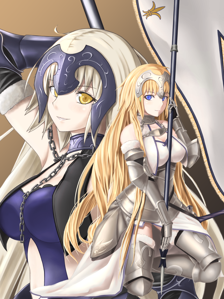 2girls armor armored_boots armored_dress blonde_hair blue_eyes boots breasts chain dark_persona dual_persona elbow_gloves enchuu fate/grand_order fate_(series) faulds flag flagpole forehead_protector gauntlets gloves headpiece jeanne_alter large_breasts long_hair multiple_girls ruler_(fate/apocrypha) ruler_(fate/grand_order) sheath sheathed sword thigh-highs very_long_hair weapon yellow_eyes