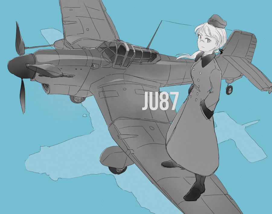 1girl aircraft airplane boots coat commentary_request garrison_cap hanna_rudel hat junkers_ju_87 limited_palette military military_uniform military_vehicle nose_scar ponytail ribbon scar shiraba_(sonomama_futene) solo standing_on_object strike_witches trench_coat uniform world_war_ii