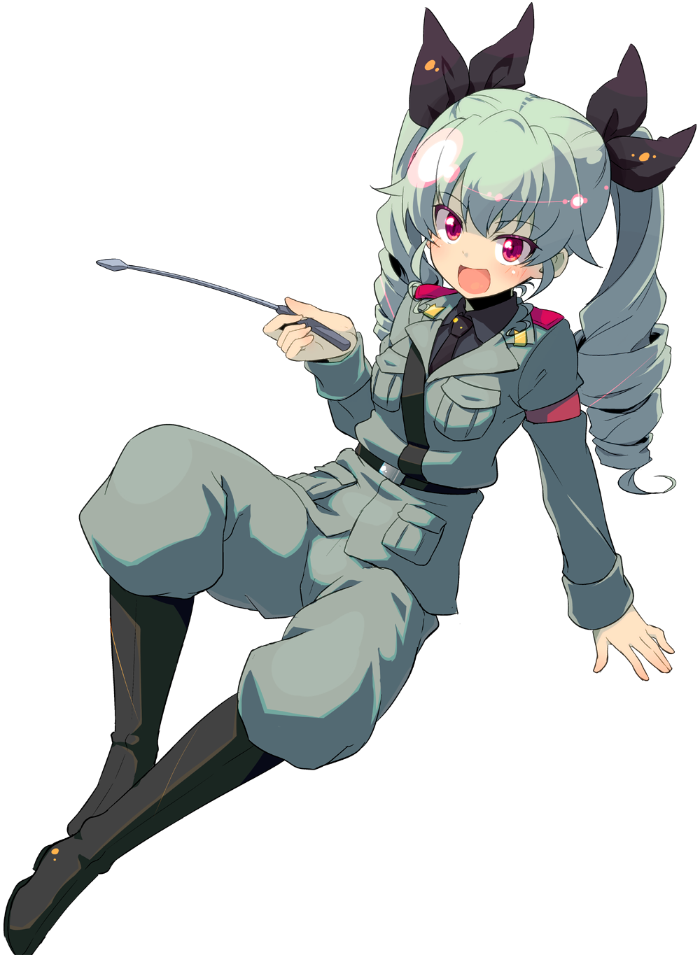 anchovy arm_support black_boots black_shirt boots dress_shirt drill_hair girls_und_panzer green_hair grey_jacket grey_pants hair_ribbon highres holding knee_boots leaning_back long_hair long_sleeves looking_at_viewer military military_uniform necktie open_mouth pants red_eyes ribbon riding_crop shirt shoulder_belt sitting smile sw twin_drills twintails uniform white_background