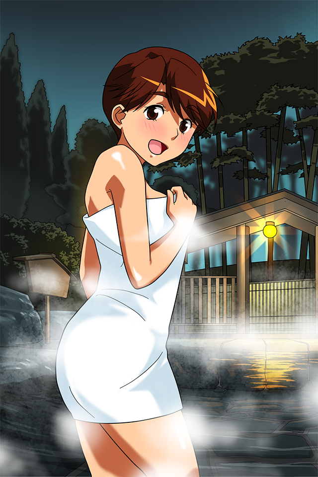 1girl blush breasts brown_eyes brown_hair looking_at_viewer naked_towel night official_art onsen open_mouth outdoors solo steam super_real_mahjong toono_mizuki towel