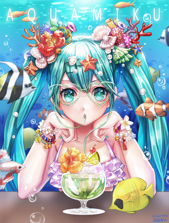 1girl 2016 air_bubble angelfish aqua_eyes aqua_hair artist_name bangs bead_bracelet bikini bikini_top box_(hotpppink) bracelet character_name clownfish coral dated drink drinking_straw eyebrows eyebrows_visible_through_hair eyelashes fish flower flower_bracelet frilled_bikini frills green-framed_eyewear hair_flower hair_ornament hairpin hatsune_miku head_rest heart-shaped_glasses hibiscus jewelry long_hair looking_at_viewer motion_blur pearl pearl_bracelet red_flower shell ship's_wheel solo star star-shaped_pupils starfish submerged summer swimsuit symbol-shaped_pupils tassel twintails underwater upper_body vocaloid white_bikini white_flower