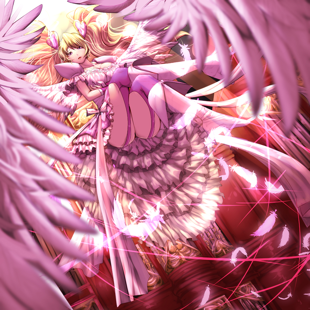 1girl blonde_hair breasts cleavage cure_angel_(fresh_precure!) cure_peach fresh_precure! garter_straps hair_ornament harihisa heart_hair_ornament long_hair magical_girl momozono_love pink_eyes precure solo thigh-highs twintails wings