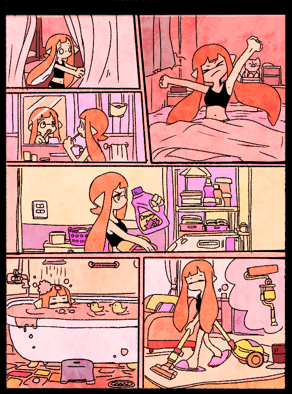 1girl bath brushing_teeth cleaning closed_eyes comic curtains detergent domino_mask laundry mask myonmyon_(hama_natu) orange_hair rubber_duck silent_comic splatoon stretch tentacle_hair vacuum_cleaner