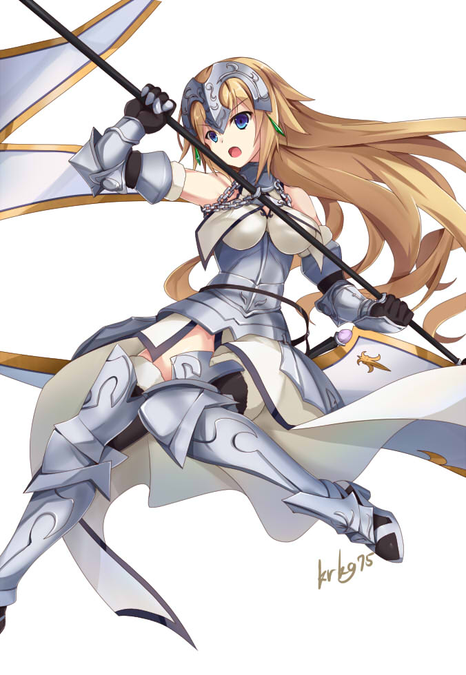 1girl :o armor armored_boots armored_dress blonde_hair blue_eyes boots breasts fate/grand_order fate_(series) faulds flag flagpole forehead_protector gauntlets headpiece kurokage large_breasts long_hair ruler_(fate/apocrypha) ruler_(fate/grand_order) sheath sheathed signature solo sword thigh-highs very_long_hair weapon