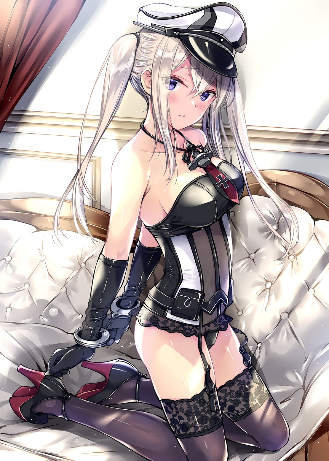 anchor bare_shoulders bdsm black_gloves black_panties blonde_hair bondage bound breasts commentary_request couch cuffs dress garter_straps gloves graf_zeppelin_(kantai_collection) hair_between_eyes hand_cuffs handcuffs hat high_heels high_ponytail highres kantai_collection kobayashi_chisato large_breasts lingerie long_hair necktie panties parted_lips peaked_cap sidelocks signature sleeveless sleeveless_dress thigh-highs twintails underwear violet_eyes white_background white_hat