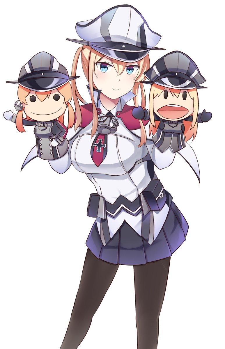 1girl bismarck_(kantai_collection) black_legwear blonde_hair blue_eyes character_doll commentary contrapposto cover cover_page doujin_cover graf_zeppelin_(kantai_collection) hand_puppet hands_up hat highres ido_(teketeke) kantai_collection long_hair looking_at_viewer pantyhose peaked_cap pouch prinz_eugen_(kantai_collection) puppet simple_background skirt smile solo twintails uniform white_background