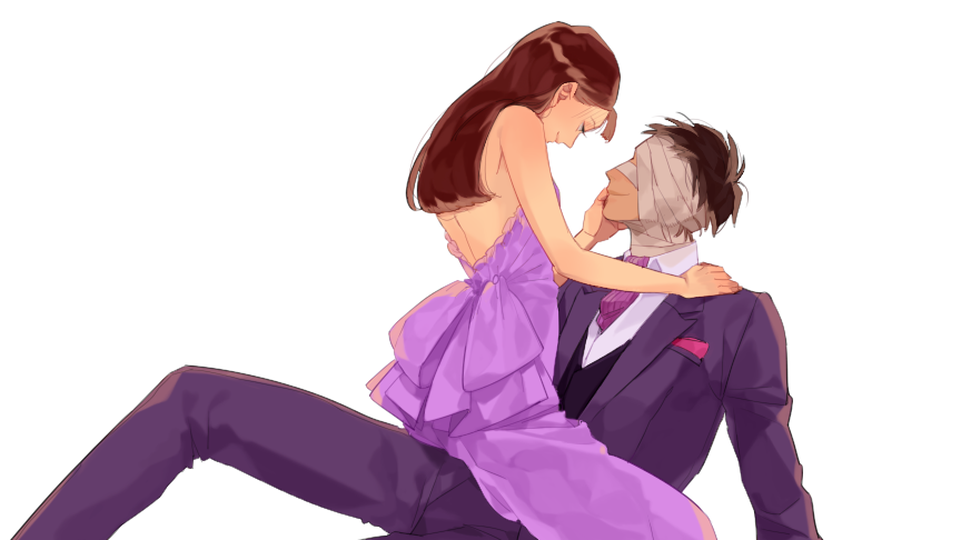 1boy 1girl ascot bandaged_head bangs bare_shoulders black_hair brown_hair closed_eyes closed_mouth couple dress formal from_side genderswap genderswap_(mtf) hand_on_another's_cheek hand_on_another's_face hand_on_another's_shoulder hetero long_dress long_hair long_sleeves looking_at_another older pocket profile purple_dress rakudai_ninja_rantarou sachiko_(suzume_0141) simple_background sitting sitting_on_person smile strapless strapless_dress suit tsurumachi_fushikizou waistcoat white_background zatto_konnamon