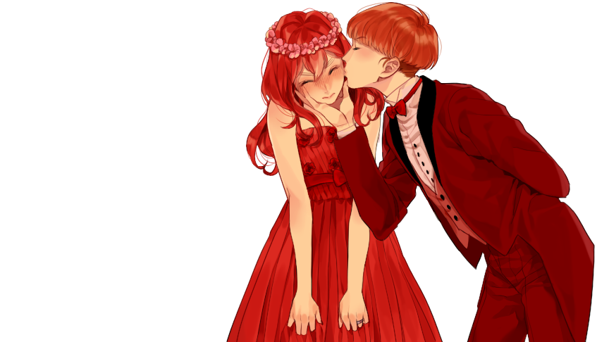 1boy 1girl ^_^ arm_behind_back bangs blush bow bowl_cut bowtie brown_hair buttons cheek_kiss chin_grab closed_eyes closed_mouth collared_shirt couple dress dress_shirt flat_chest formal genderswap genderswap_(mtf) head_tilt head_wreath hetero jacket jewelry kiss kurokado_denshichi leaning_forward leaning_to_the_side long_hair long_sleeves orange_hair pants profile rakudai_ninja_rantarou red_bow red_bowtie red_dress red_flower red_jacket red_lips red_pants redhead ring sachiko_(suzume_0141) sasayama_heidayu shirt simple_background suit waistcoat wedding_band white_background white_shirt