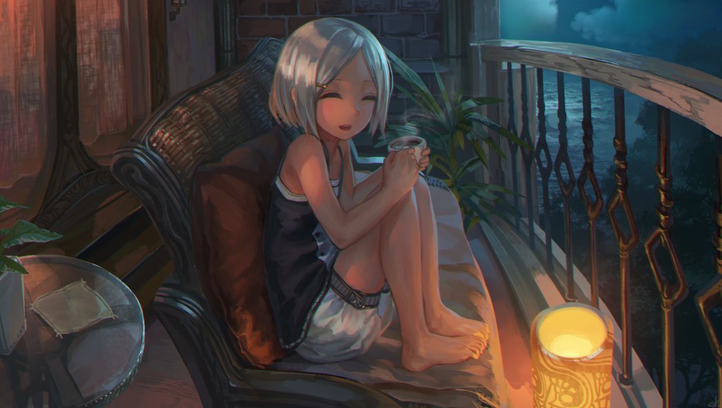 1girl barefoot closed_eyes couch cup curtains dark dark_skin drink flat_chest hair_ornament hairclip lantern looking_at_viewer looking_to_the_side night ocean original outdoors ox_(baallore) plant potted_plant railing ramina_(baallore) short_hair silver_hair sitting solo steam table tank_top water window