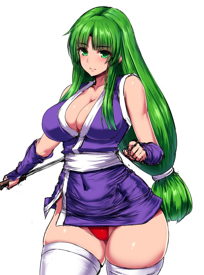 1girl bare_shoulders blush breasts cleavage covered_nipples ganbare_goemon green_eyes green_hair highleg highleg_panties ishimiso_(ishimura) japanese_clothes knife large_breasts long_hair low-tied_long_hair ninja panties red_panties sketch smile solo thigh-highs underwear very_long_hair weapon yae_(ganbare_goemon)