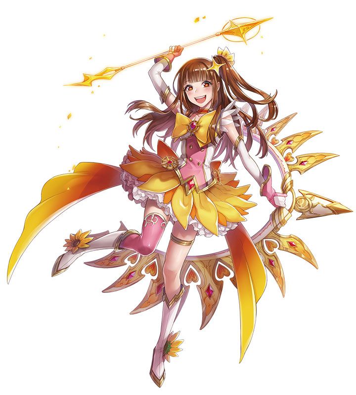 1girl arrow bangs blush boots bow bow_(weapon) bowtie brown_hair dress eitaso full_body gloves hair_ornament idol long_hair magical_girl official_art open_mouth orange_eyes phantom_of_the_kill side_ponytail simple_background solo star star-shaped_pupils symbol-shaped_pupils teeth thigh-highs weapon white_background