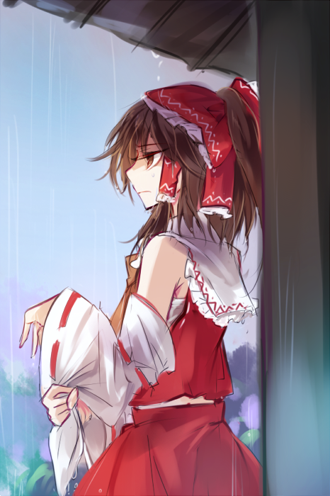 1girl ascot bare_shoulders bow brown_eyes brown_hair commentary_request detached_sleeves from_side frown hair_bow hair_tubes hakurei_reimu japanese_clothes kutsuki_kai miko ponytail rain red_bow red_skirt ribbon-trimmed_sleeves ribbon_trim skirt skirt_set solo touhou wide_sleeves wringing_clothes
