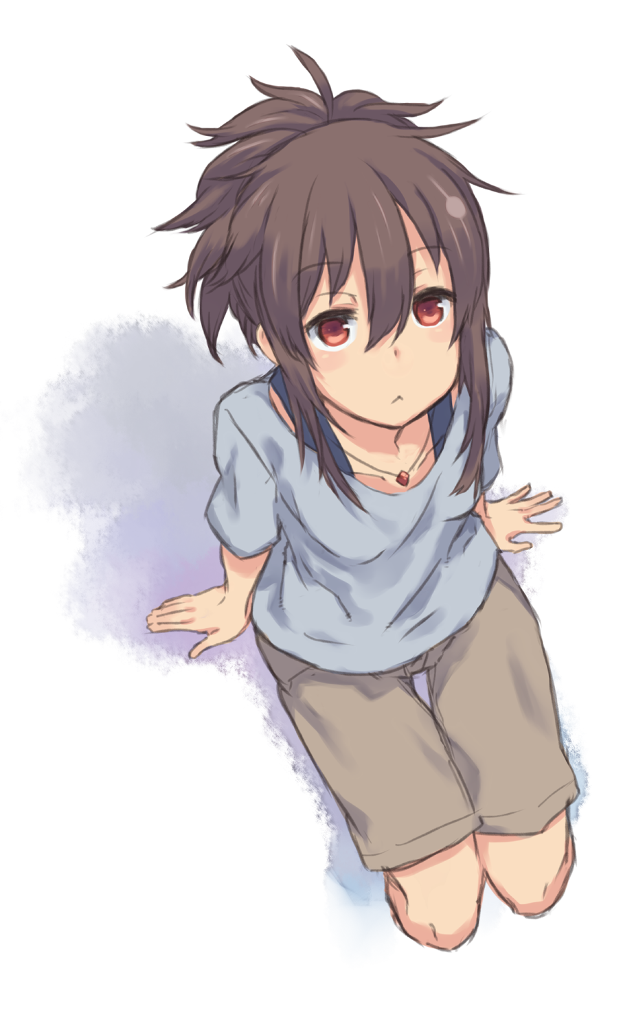 1girl :&lt; arm_support auru_t blue_shirt blush brown_hair brown_shorts closed_mouth collarbone cropped_legs from_above full_body hair_between_eyes highres jewelry looking_up necklace original red_eyes shirt short_sleeves shorts simple_background sitting sketch solo thigh_gap white_background