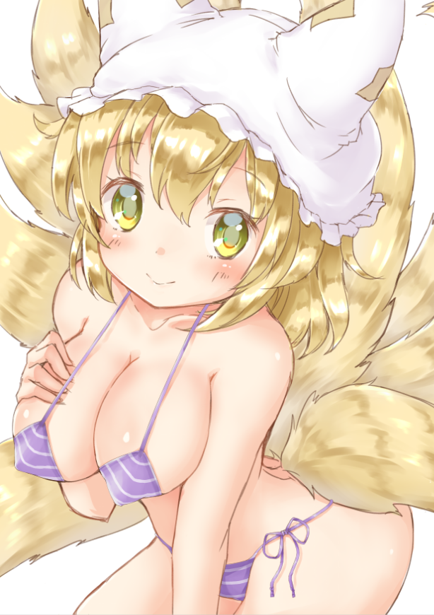 1girl animal_ears bent_over bikini blonde_hair blush breast_hold fox_ears fox_tail green_eyes hat looking_at_viewer mob_cap multiple_tails onomiya short_hair simple_background smile solo swimsuit tail touhou white_background yakumo_ran