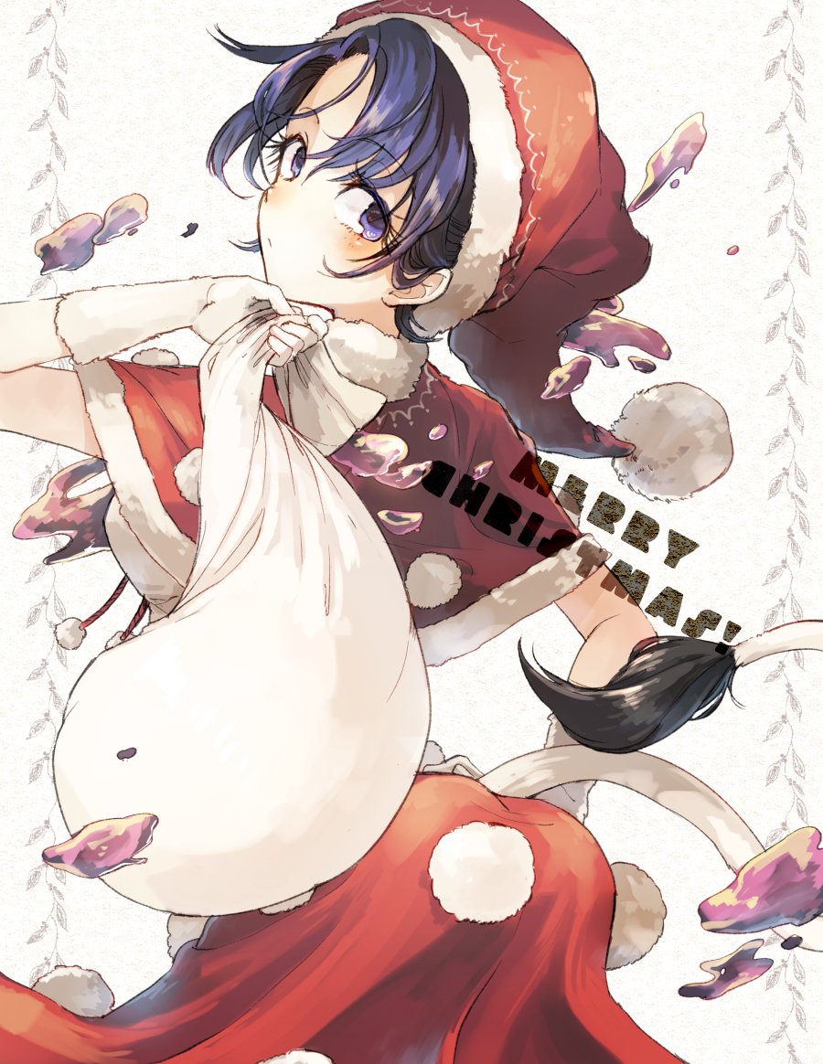 1girl ass bag blob blue_eyes blue_hair christmas coat doremy_sweet gloves hat hisona_(suaritesumi) leaf looking_at_viewer looking_back matching_hair/eyes merry_christmas patterned_background pom_pom_(clothes) red_coat red_hat santa_costume santa_hat solo tail tapir_tail touhou upper_body white_background white_gloves