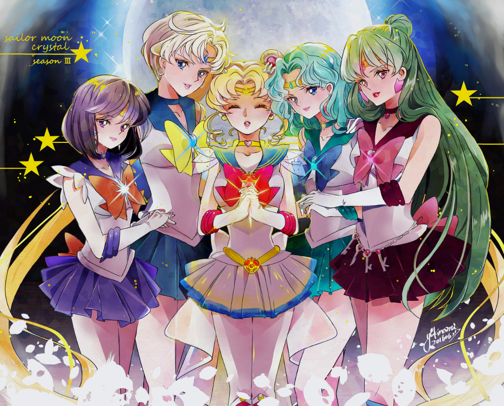 2016 5girls aqua_hair aqua_skirt bishoujo_senshi_sailor_moon bishoujo_senshi_sailor_moon_crystal black_hair black_skirt blonde_hair blue_bow blue_eyes blue_skirt bow brooch brown_bow choker closed_eyes copyright_name cowboy_shot crescent crescent_earrings dated double_bun earrings elbow_gloves facing_viewer full_moon gloves green_hair hair_bun hair_ornament hairpin hands_clasped jewelry kaiou_michiru key long_hair looking_at_viewer magical_girl meiou_setsuna moon multiple_girls outer_senshi pleated_skirt purple_skirt red_bow red_eyes sailor_collar sailor_moon sailor_neptune sailor_pluto sailor_saturn sailor_senshi sailor_uranus short_hair signature skirt smile standing super_sailor_moon ten'ou_haruka tiara tomoe_hotaru tsukino_usagi twintails violet_eyes white_gloves yellow_bow yukinami_(paru26i)