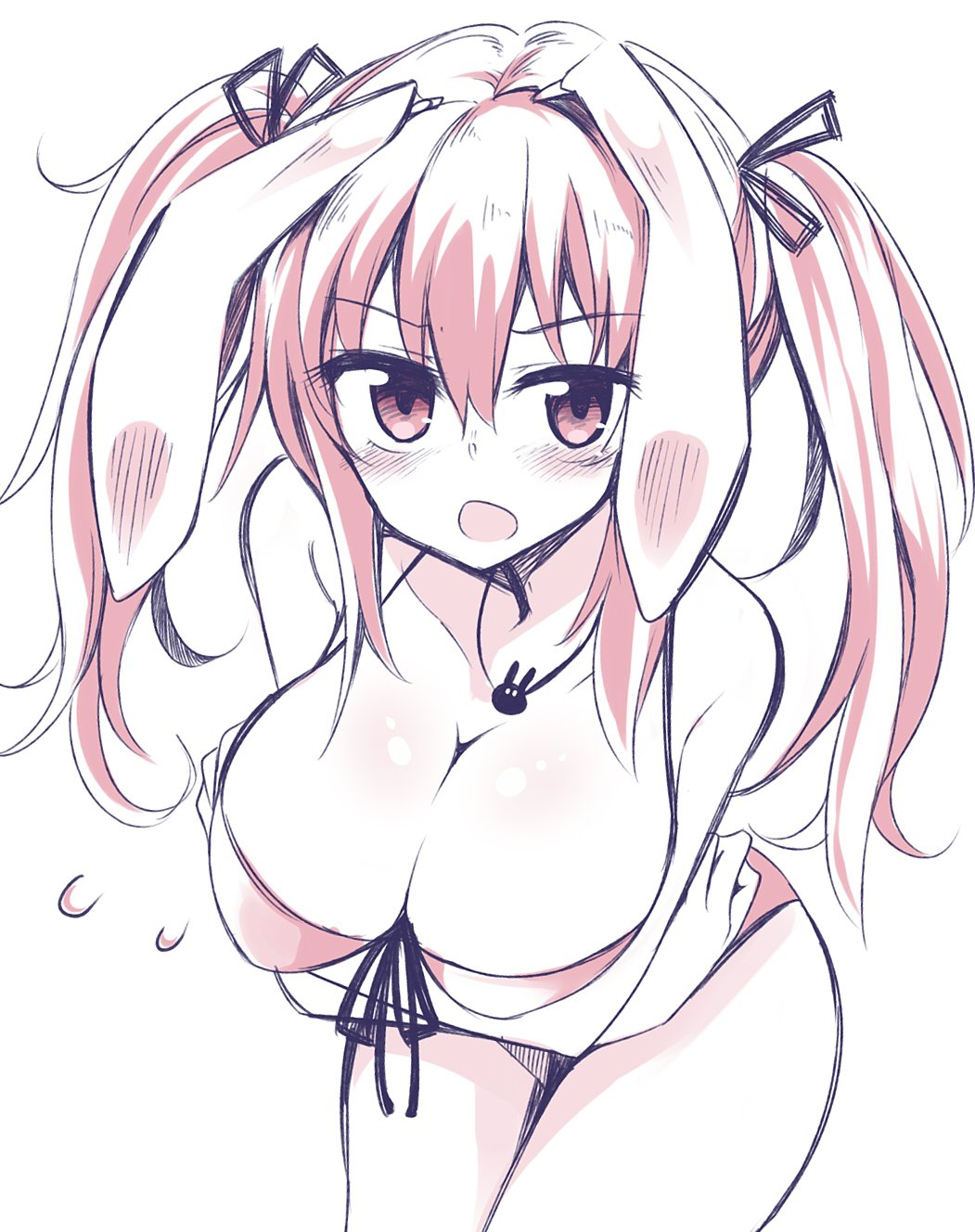 1girl alternate_hairstyle animal_ears bare_shoulders bikini blush breasts cleavage collarbone crossed_arms front-tie_bikini front-tie_top hair_ribbon highres jewelry large_breasts leaning_forward long_hair maturiuta_sorato monochrome necklace open_mouth rabbit_ears reisen_udongein_inaba ribbon simple_background sketch solo swimsuit touhou twintails white_background