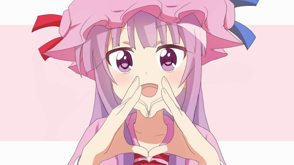1girl animated animated_gif bangs blue_ribbon blunt_bangs capelet crescent_moon double_bun dress hat hat_ornament heart heart_hands looking_at_viewer mob_cap moon open_mouth patchouli_knowledge purple_clothes purple_hair ram_hachimin red_ribbon ribbon sansha_san'you solo striped striped_dress touhou upper_body violet_eyes