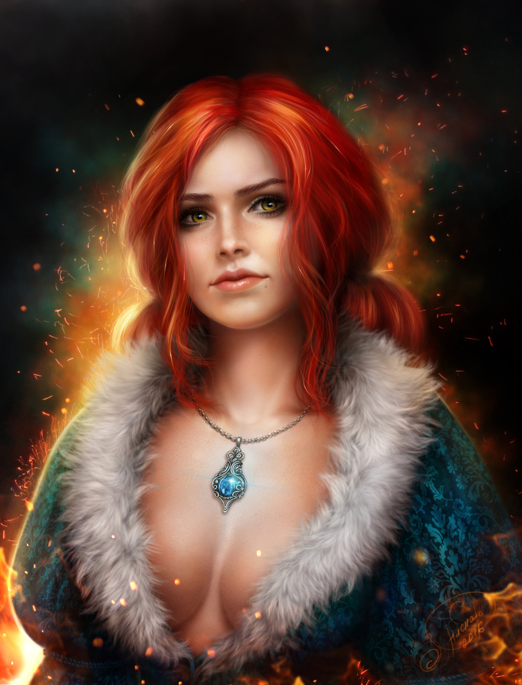 1girl alena_ekaterinburg breasts cleavage dress embers fur_trim highres jewelry lips necklace redhead solo the_witcher the_witcher_3 triss_merigold yellow_eyes