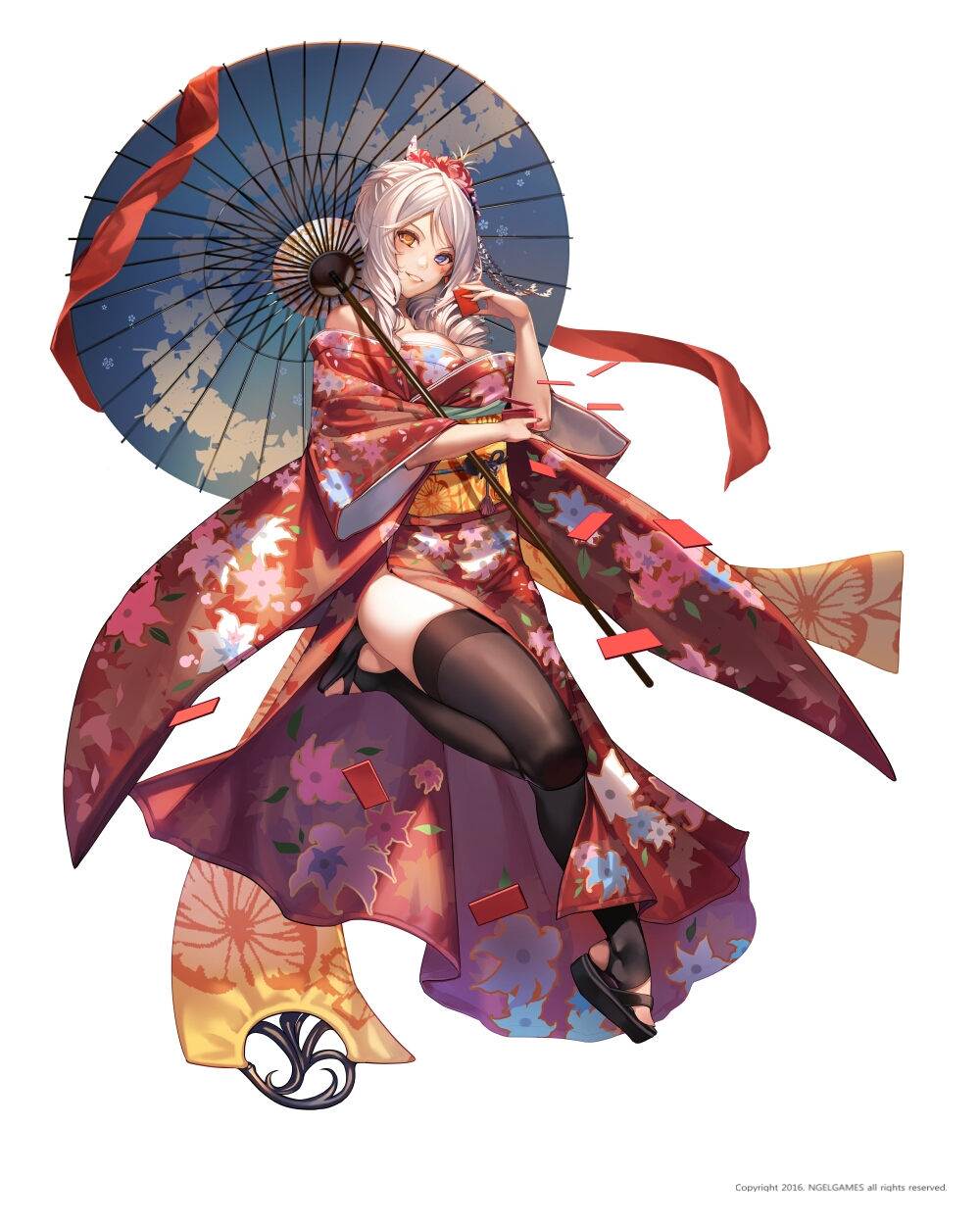 1girl 2016 black_legwear blue_eyes breasts company_name english erakis facial_mark floral_print flower full_body hair_flower hair_ornament hair_up head_tilt heart heterochromia highres holding holding_umbrella japanese_clothes kanzashi kimono leenim leg_up number obi off_shoulder orange_eyes oriental_umbrella parted_lips sandals sash simple_background smile solo stirrup_thighhighs thigh-highs toeless_legwear umbrella watermark white_background white_hair wide_sleeves