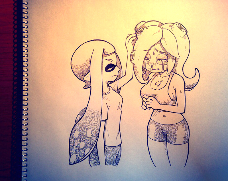 2girls bike_shorts breasts comforting commentary_request crying crying_with_eyes_open domino_mask inkling large_breasts mask monochrome mucus multiple_girls runny_nose shirt shorts snot splatoon takozonesu tank_top tears tentacle_hair yuta_agc